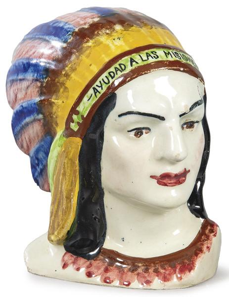 Hucha de recaudación del Domund en loza esmaltada para ayuda a las misiones pintada y vidriada.
España, años 40-50