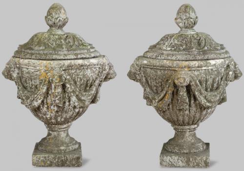  Pareja de urnas con tapa de arenisca para jardín