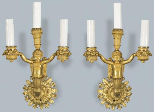  Pareja de apliques de bronce con ángel S. XIX