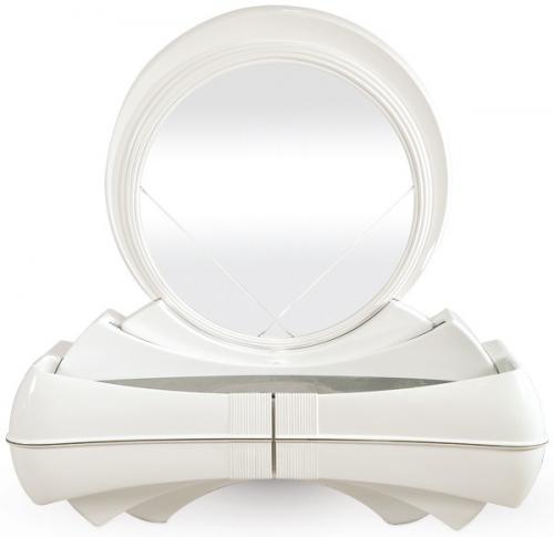  Tocador art decó en madera lacada en blanco, con un gran espejo circular sobre una cómoda baja con dos cajones. Tapa de cristal ahumado negro. Marca DMO Mobil Italy