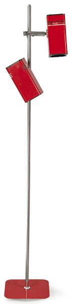  Lámpara de pie FASE modelo Spot, con estructura de metal cromado y dos focos de luz orientables y esmaltados en rojo.
España, años 70