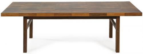  Mesa de café rectangular en patchwork de madera maciza de palisandro diseñada por Bramin Møbelfabrik. Con fecha de producción y etiqueta de la marca.
Dinamarca, 1967/68