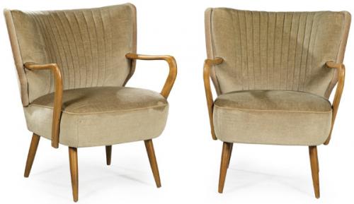  Pareja de butacas en madera de haya, con tapicería verde.
Años 60