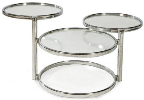  Mesa de centro giratoria con círculos escalonados estilo Milo Baughman, de estructua tubular de metal cromado y tapas de cristal. 
S. XX