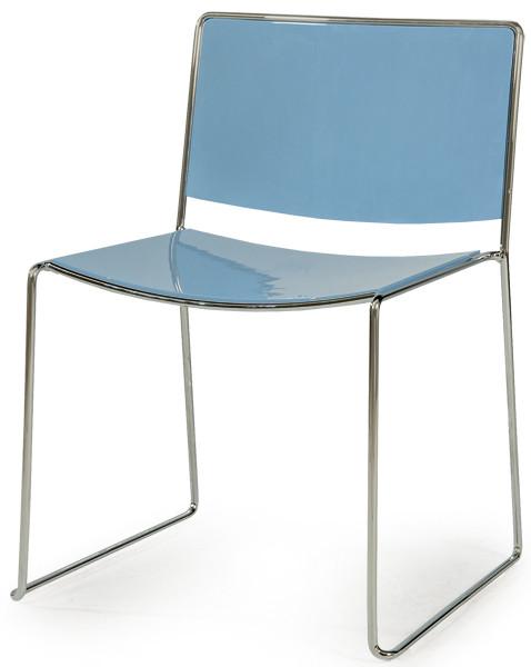  Piero Lissoni (1956) para Porro
Silla Spindle, resistente, apilable, está realizada en estructura de varillas cromadas extra estrechas, con asiento y respaldo en madera contrachapada curvada y lacada en azul claro.