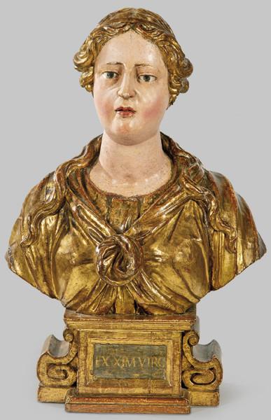 Lote 1381
"Busto de Mártir" en madera tallada, policromada o dorada, Nápoles o España S. XVII.