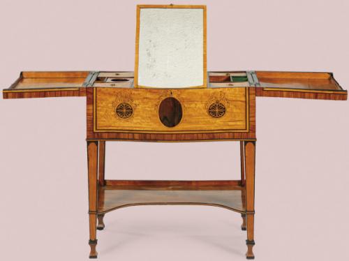  Tocador de caballero Jorge III en madera de palo de rosa y satinwood con decoración de marquetería con motivos clásicos. Inglaterra, principios S. XIX