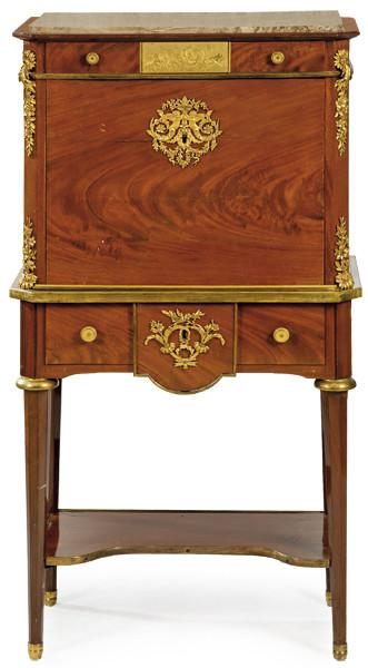  Secretaire "a abattant" Napoleón III, estilo Luis XVI en madera de caoba y palma de caoba con aplicaciones de bronce dorado. Francia, segunda mitad S. XIX