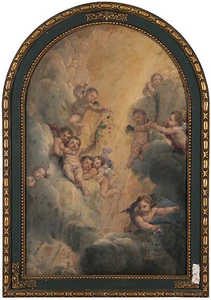  ESCUELA ESPAÑOLA FNS. S. XVIII - Grupo de ángeles en el cielo