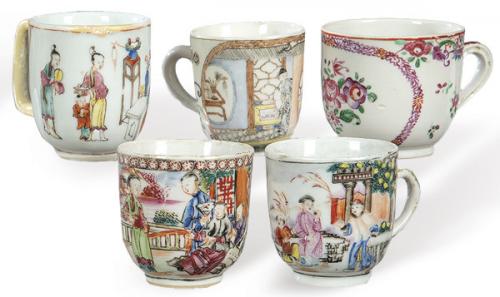  Cinco tazas de porcelana de Compañía de Indias Familia Rosa, Dinastía Qing, época de Qianlong (1736-95)