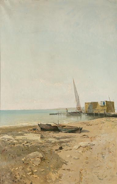  ENRIQUE MORERA I VIURA - Marina con puerto y dos barcas