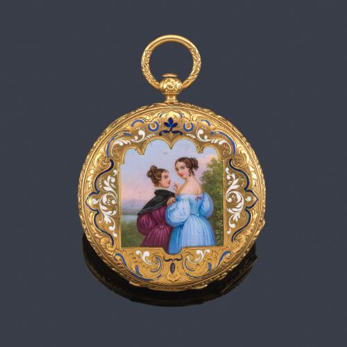  Precioso reloj saboneta de colgar en oro amarillo de 18 K con esmalte.