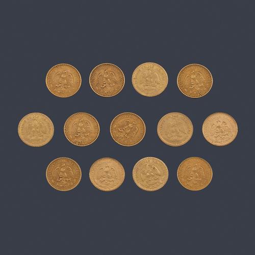  13 Monedas "arras" de dos pesos mexicanos en oro de 22 K.