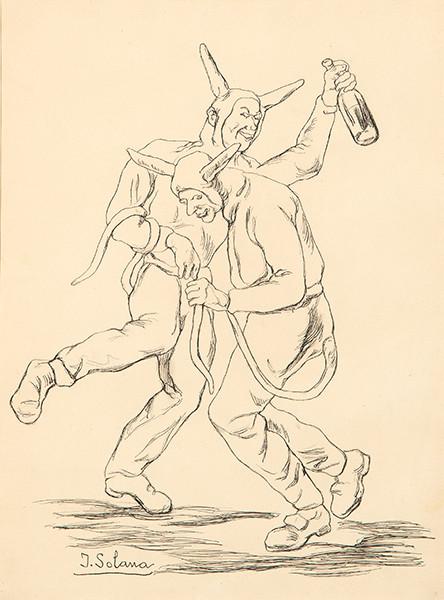  JOSÉ GUTIÉRREZ SOLANA - Máscaras del diablo bailando. (Dos máscaras y una botella)