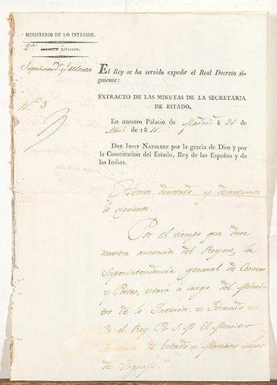  JOSÉ BONAPARTE - Documento emitido en Madrid el 21 de abril de 1811 con firmas de José I rey de España y del Ministro del Interior, marqués de Almenara 