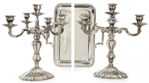  Pareja de candelabros de plata española punzonada 1ª Ley de Espuñes con marca comercial de J. Pérez Fernández.