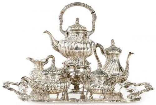  Juego de café y te de plata española punzonada 1ª Ley de Espuñes con marca comercial de Aldao.