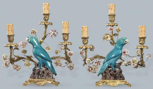  Pareja de lámparas de mesa de bronce dorado y porcelana Alemania S. XIX.