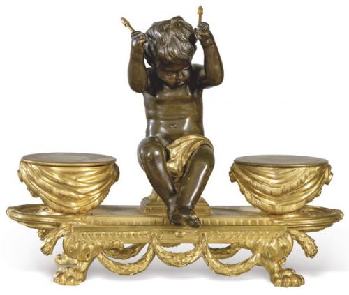  Tintero de bronce dorado y patinado de Maison Millet, Francia S. XIX.