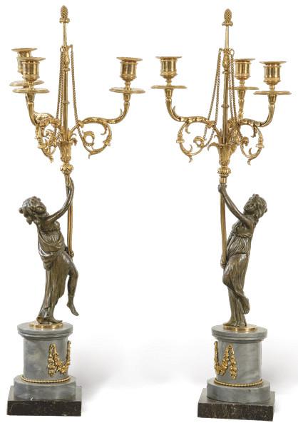  Pareja de candelabros de bronce dorado, bronce patinado y mármol, Francia S. XIX.