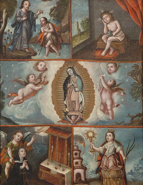  ESCUELA NOVOHISPANA S. XVIII - Guadalupana rodeada de cuatro escenas