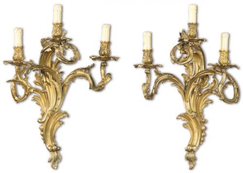  Pareja de apliques rococó de bronce dorado, Francia S.XIX
