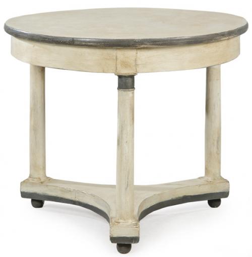  Mesa de centro imperio en madera pintada con posterioridad en blanco y gris, con patas torneadas en forma de columnas toscanas sobre plataforma con lados cóncavos .Francia, principios S. XIX y posterior