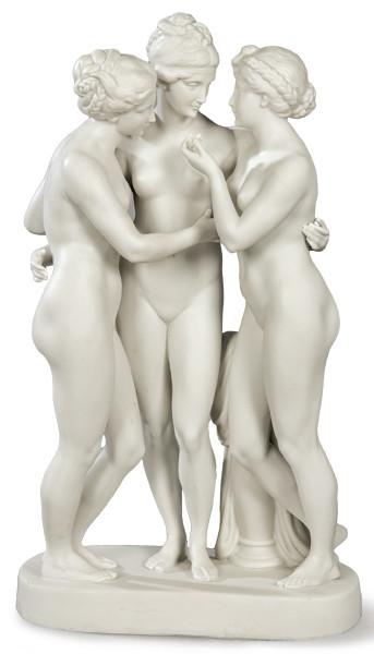  "Las tres gracias", grupo escultórico en porcelana de biscuit de Katzhütte. Con marca incisa en la base.
Alemania, Turingia 1914