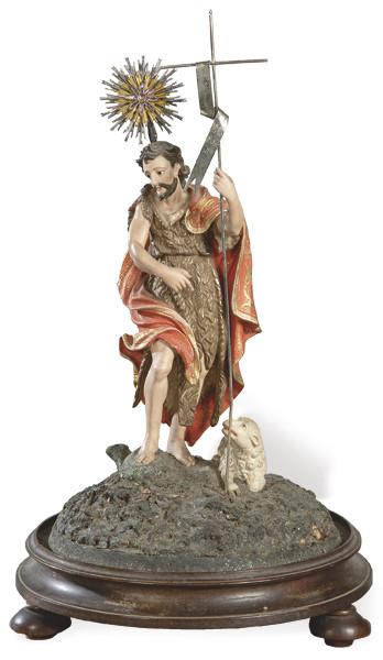 Lote 1327
Escuela Española S. XVIII
"San Juan Bautista"
Pequeña escultura en madera tallada, policromada, dorada y estofada.