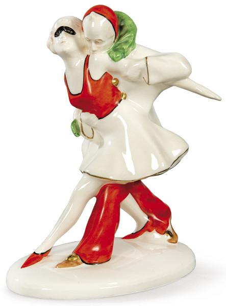  Pierrot y Pierrette, grupo escultórico art decó en cerámica pintada y esmaltada.
Checoslovaquia, años 30