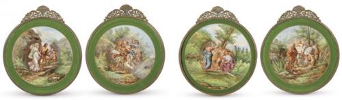  Conjunto de cuatro placas en porcelana "Chateau des Etoiles". Con marcas. Francia, Pps. S. XX.