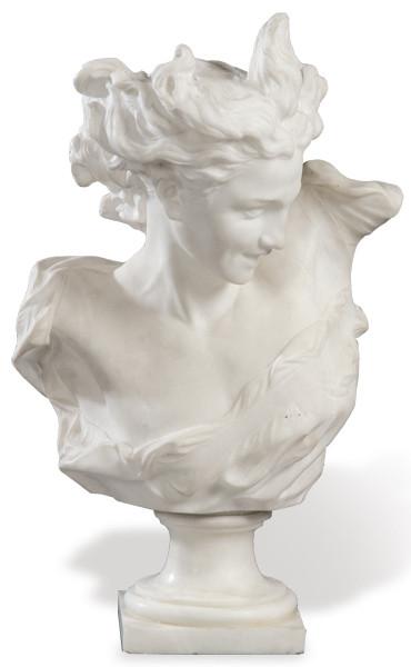 Lote 1351
Siguiendo a Jean Baptiste Carpeaux (Francia 1827-1875)
"El Genio de la Danza" ff. S. XIX pp. S. XX
Busto tallado en mármol blanco siguiendo el original de bronce de Carpeaux
