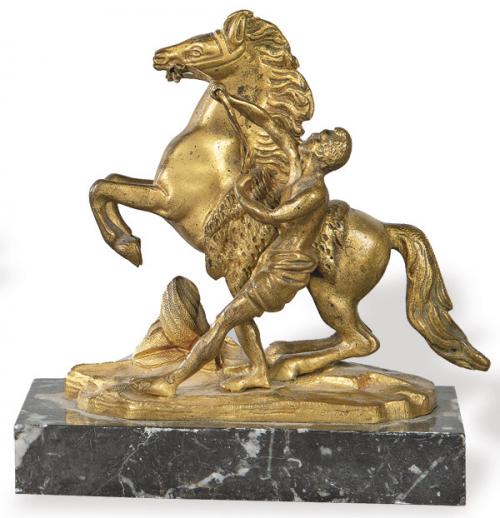  Siguiendo a Guillaume Coustou (Francia 1677-1746)
"Caballo de Marly" S. XIX
Pequeña escultura en bronce dorado
