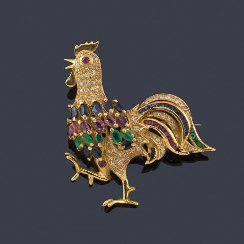  Broche en forma de gallo con rubíes, zafiros y esmeraldas talla marquís y pavé de brillantes.