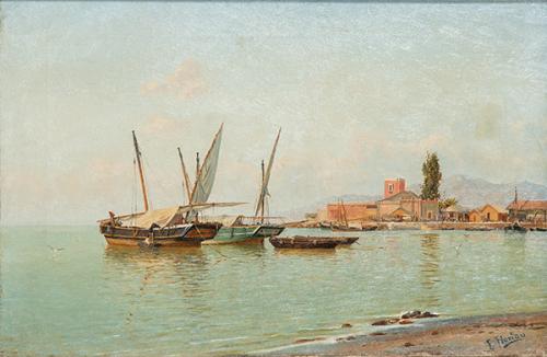  ENRIQUE FLORIDO BERNILS - Marina con tres buques y una barca