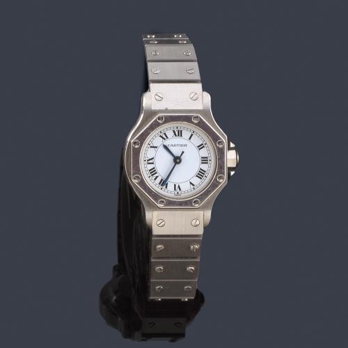  CARTIER Santos de señora con caja y brazalete en acero. Con estuche.