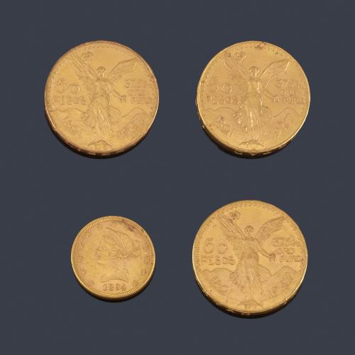  3 Monedas de 50 pesos mexicanos y 1 de 10 dólares USA en oro de 22 K.