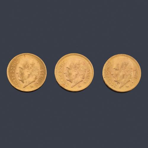  3 Monedas de 5 pesos mexicanos en oro de 22 K.