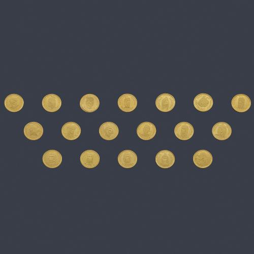  18 Monedas caciques de Venezuela en oro de 22 K con estuche y documentación.
