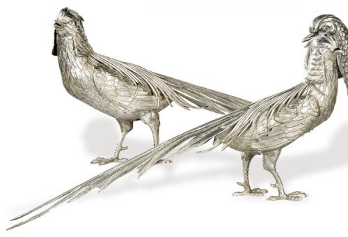  Pareja de faisanes de plata española punonzada 1ª Ley de Dionisio García.