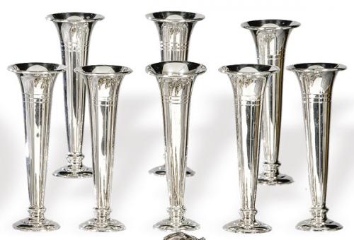  Juego de ocho violeteros de adorno para mesa en plateado de Mapping & Webb, Sheffield primera mitad S. XX.