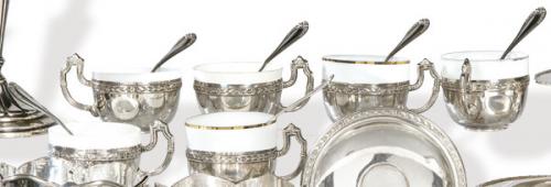  Juego de 6 tazas con sus platos y cucharillas de plata española punzonada Ley 916 de Matilde Espuñes con marca comercial de Ferreiro pp. S. XX.