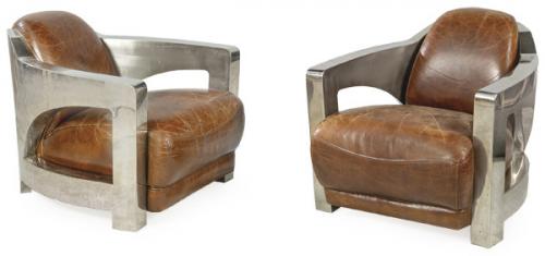  Pareja de butacas estilo art decó con estructura de metal cromado y tapicería de piel marrón.
S. XX
