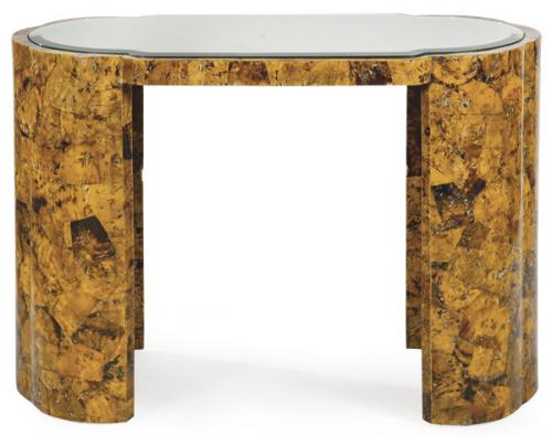  Consola art decó de perfil elíptico, en madera chapada de conchas de caracol y tapa de espejo.
EE.UU, Años 20