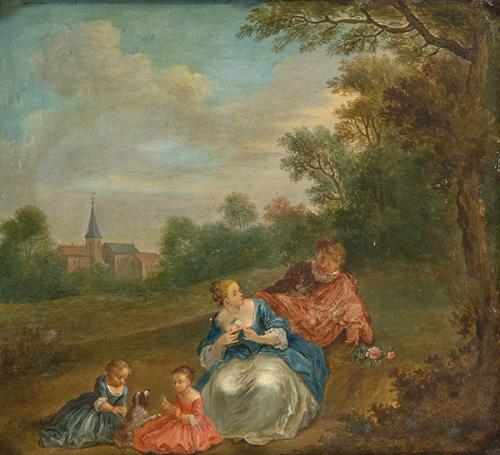  SEGUIDOR DE FRANÇOIS WATTEAU S. XIX - Familia en en campo