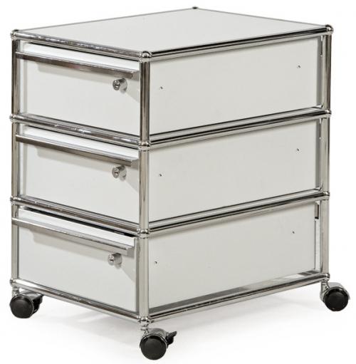  Bloque Haller de USM sistema creado en 1968 por Fritz Haller y Paul Schärer; con tres cajones, estructura en acero cromado con paneles metálicos lacados en blanco, sobre ruedas.