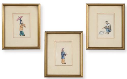  Tres papeles de arroz chinos, pintados al gouache con tipos populares, China S. XIX.