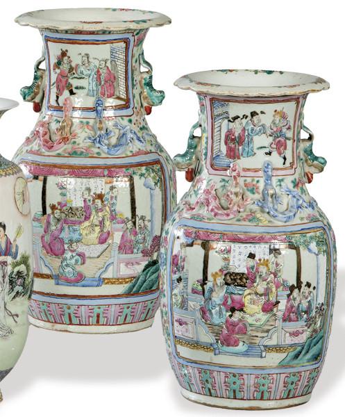  Pareja de jarrones cantoneses de porcelana, Dinastía Qing S. XIX.