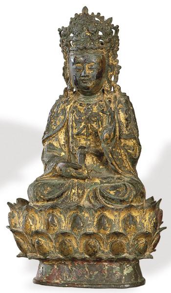  "Buda Sentado" en metal con restos de dorado, Tibet SS. XVIII-XIX.