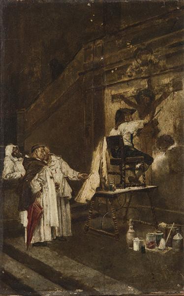  ESCUELA ESPAÑOLA S. XIX - Pintando a Cristo en un convento de Trinitarios